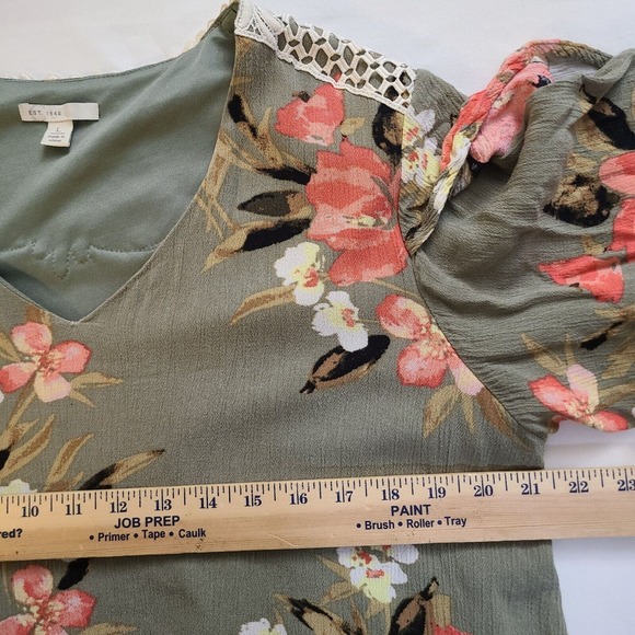 C EST 1946 Boho Floral Dress Gauzy Lined Flutter Sleeve Crochet Green Pink LARGE - Picture 7 of 12